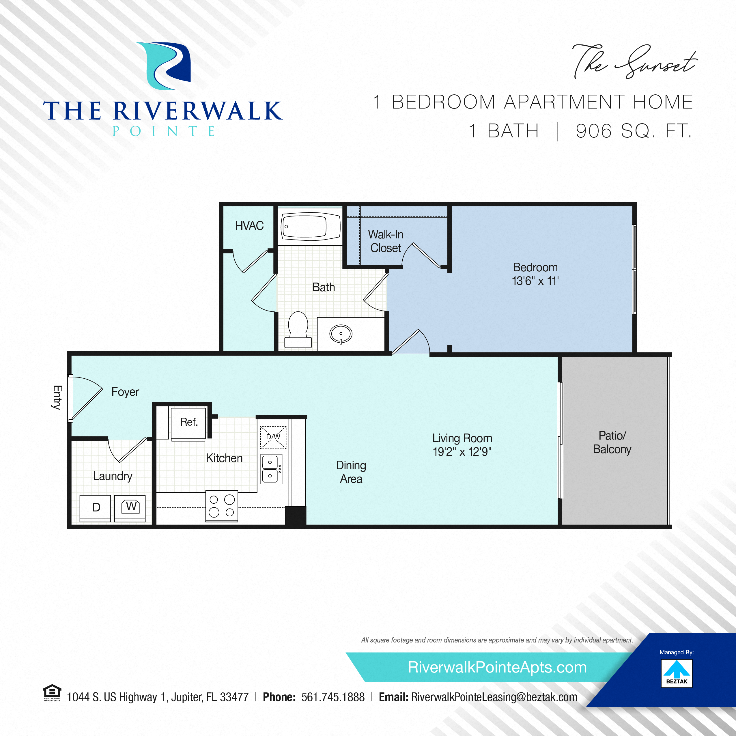 Floor plan for 1 bed, 1 bath, 906 sqft